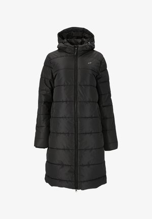 Musta puhvuntakki huoodilla, jossa on tikattu muotoilu, etuvetoketju ja sivutaskut. Valmistettu sileästä, vettähylkivästä materiaalista.