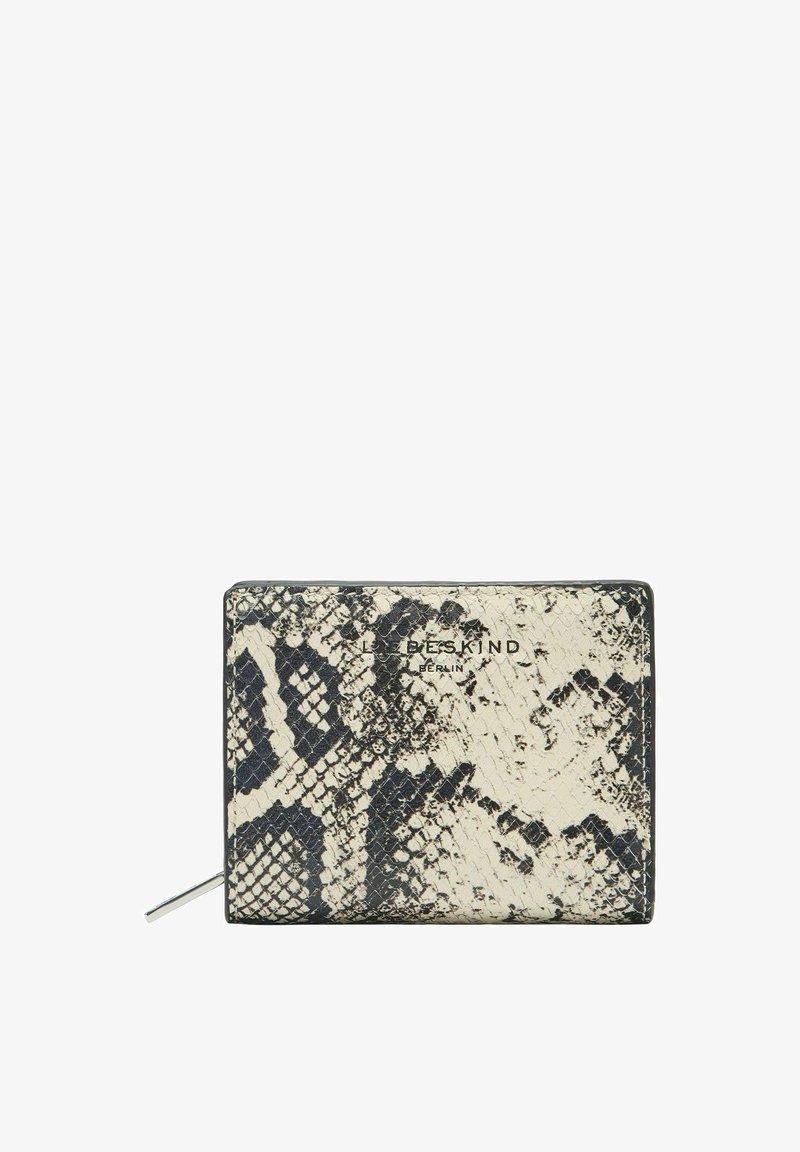 Black and white snake-patterned wallet with textured leather, rectangular shape, and silver hardware accent. Brand logo displayed on front.