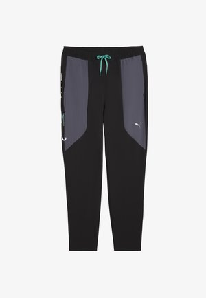 Zwarte sportbroek met grijze zijpanelen, elastische tailleband en teal koord. Voorzien van zakken met ritssluitingen en logodetail.