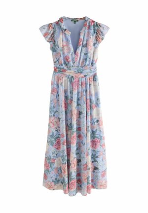 Floral maxi dress in light blue fabric. Features flutter sleeves, v-neckline, and an elastic waist, adorned with pink and green floral patterns.
