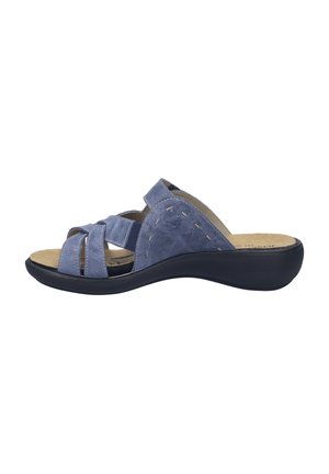 Blaue offene Zehen-Slide-Sandale mit verstellbaren Riemen und gepolsterter schwarzer Sohle, entwickelt für Komfort und legere Trageweise.