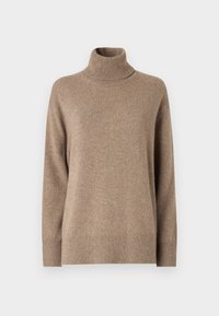 Maglione beige a collo alto realizzato in morbido materiale a maglia, con colletto e orlo a coste, dalla vestibilità rilassata e maniche lunghe.