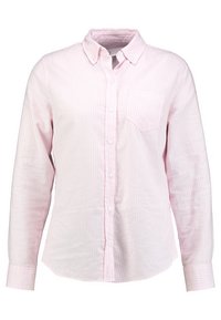 Camicia a maniche lunghe a righe rosa con colletto button-down, taschino frontale e bottoni bianchi, realizzata in tessuto leggero.