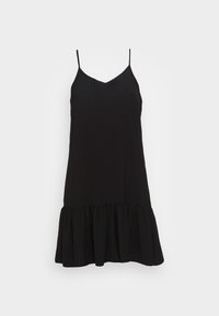 Czarna sukienka bez rękawów z regulowanymi ramiączkami, dekoltem w kształcie litery V i falbaną na końcu. Wykonana z miękkiego, gładkiego materiału.