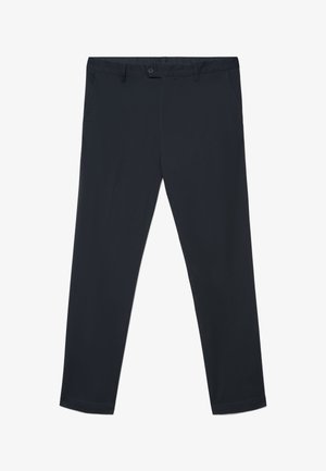 Marineblaue, gerade geschnittene Hose mit Knopfverschluss, Gürtelschlaufen und seitlichen Fronttaschen, flach auf weißem Hintergrund ausgelegt.