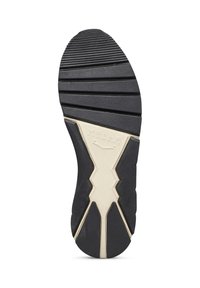 Suola di scarpa in gomma nera con scanalature orizzontali e un accento centrale color crema. Presenta un motivo a zigzag e un logo in rilievo. Texture antiscivolo.