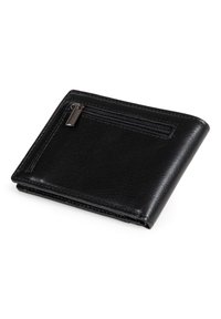 Black leather wallet featuring a foldable design, a zippered pocket, and smooth texture with subtle stitching detail.