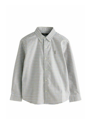 Chemise à manches longues avec boutons, à motif à carreaux bleu et jaune, fabriquée en coton tissé, dotée d'un col boutonné et d'un petit logo brodé.