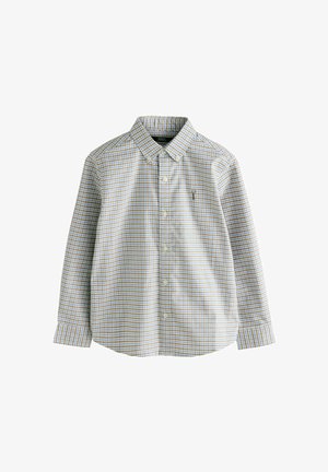 Langärmliges Hemd mit Knöpfen in einem blau-gelben Karomuster, aus gewebter Baumwolle gefertigt, mit einem Button-Down-Kragen und einem kleinen gestickten Logo.