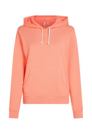 Korallenfarbener Hoodie mit einer Fronttasche, Kordelzügen, gerippten Bündchen und Saum. Verfügt über eine weiche Textur und dezente Logo-Stickerei auf der Brust.
