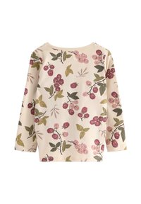 Pitkähihaista puseroa, jossa on vaalean kermanvärinen tausta pinkeillä ja burgundin punaisilla kukkakuoseilla, joita korostavat vihreät lehdet. Pehmeä kankaan rakenne.