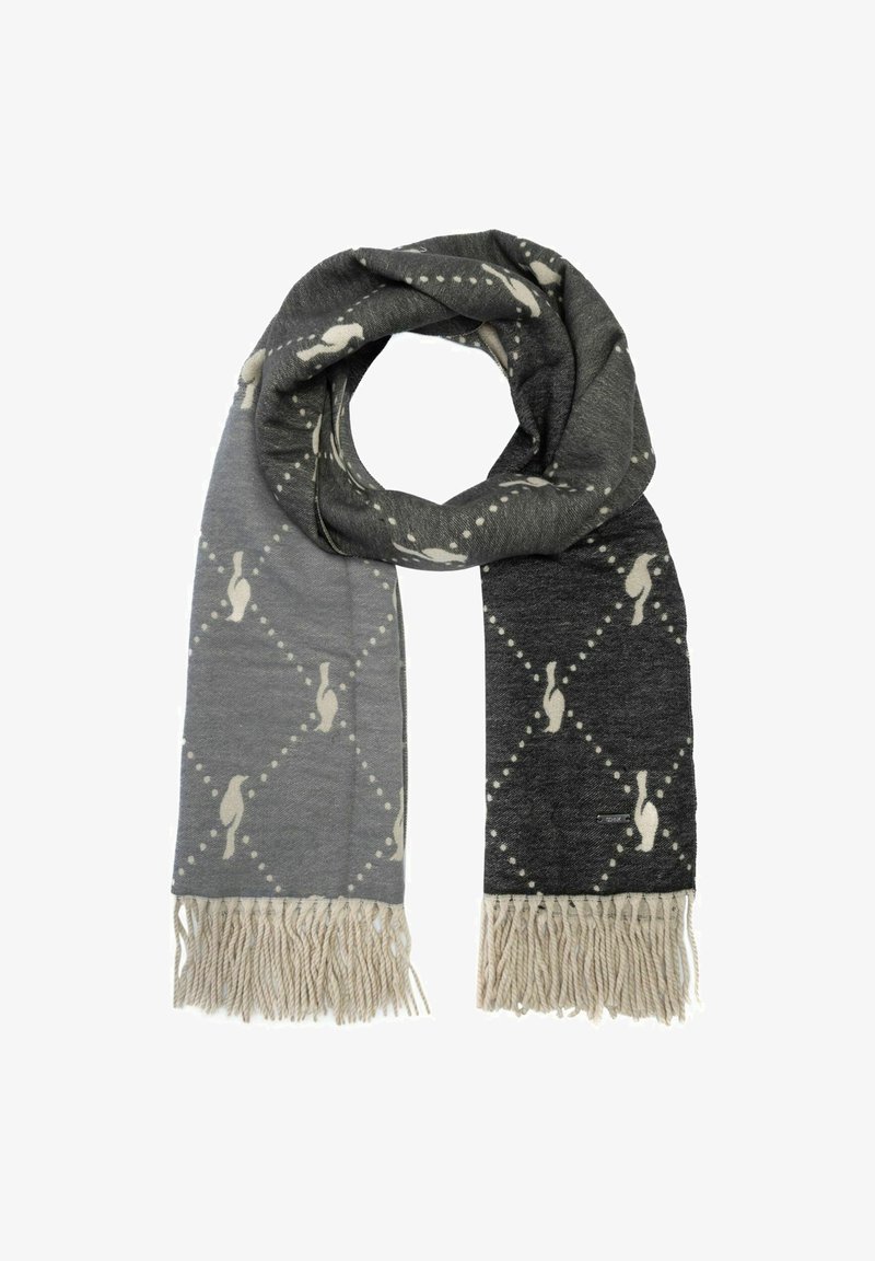 Szary i czarny szalik o geometrycznym wzorze, zdobiony jasnymi ptakami, wykończony kremowymi frędzlami na końcach.
