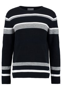Maglione blu navy con ampie strisce orizzontali grigie e bianche, texture lavorata a maglia, collo rotondo e maniche lunghe.