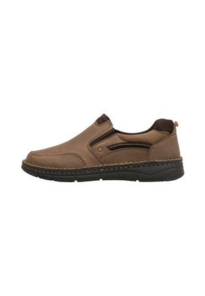 Zapato casual marrón de cuero tipo mocasín con suela negra, paneles laterales elásticos y detalles de costura.