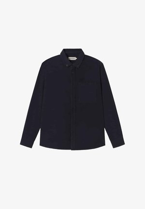 Long-sleeve black button-up shirt with a collar and a single chest pocket, laid flat on a white background.