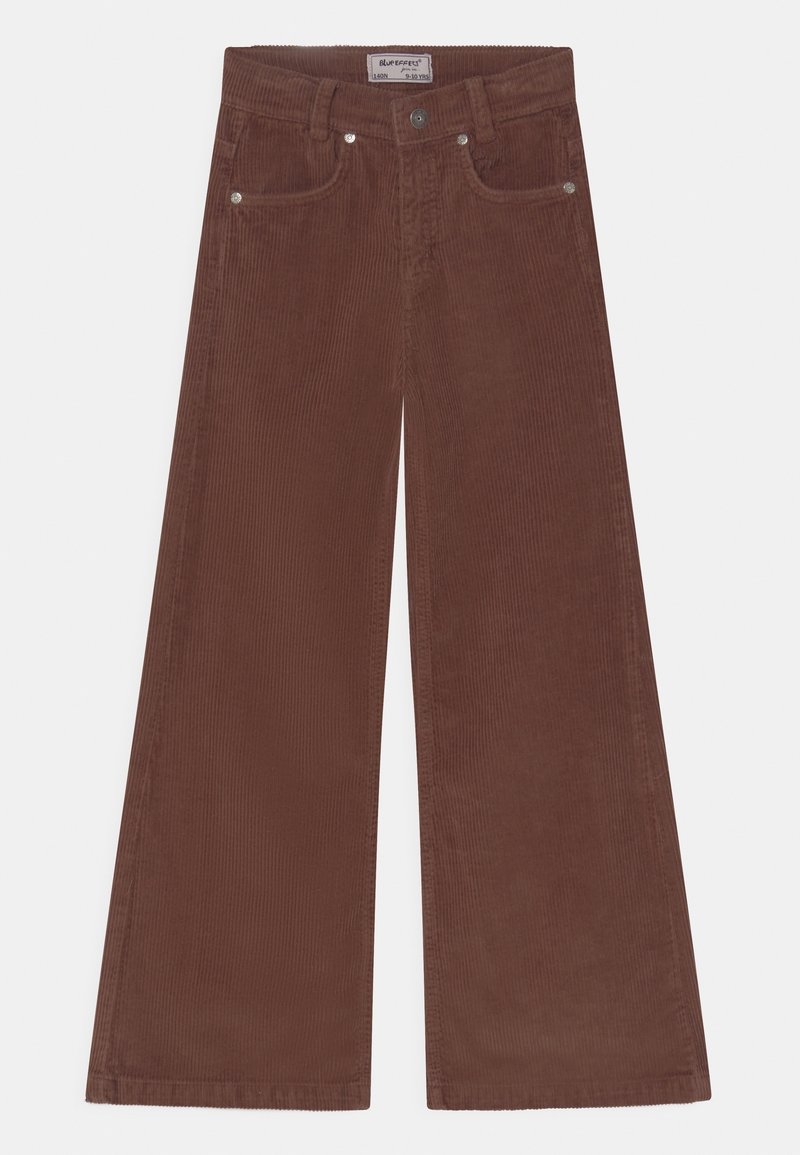 Pantalon large en velours côtelé marron avec une taille haute, doté de poches avant, d'une fermeture par bouton et d'une texture côtelée verticale sur toute la surface.