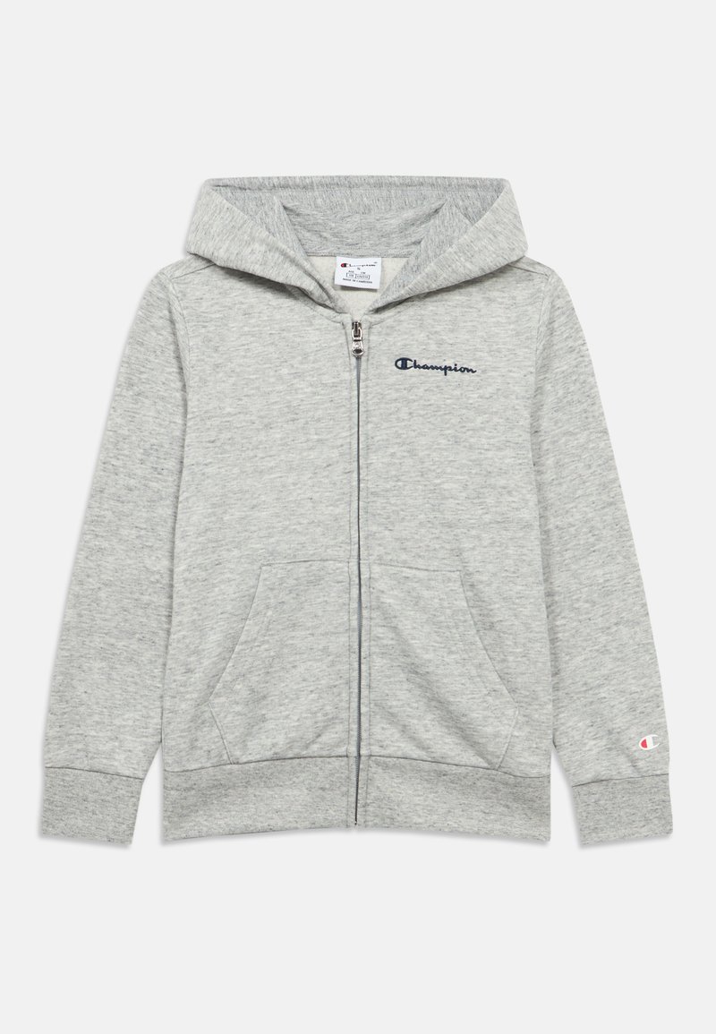 Γκρι φούτερ με φερμουάρ, κατασκευασμένο από μαλακό ύφασμα, με μπροστινό φερμουάρ, δύο πλαϊνές τσέπες και κουκούλα. Κεντημένο λογότυπο "Champion" σε μπλε σκούρο χρώμα.