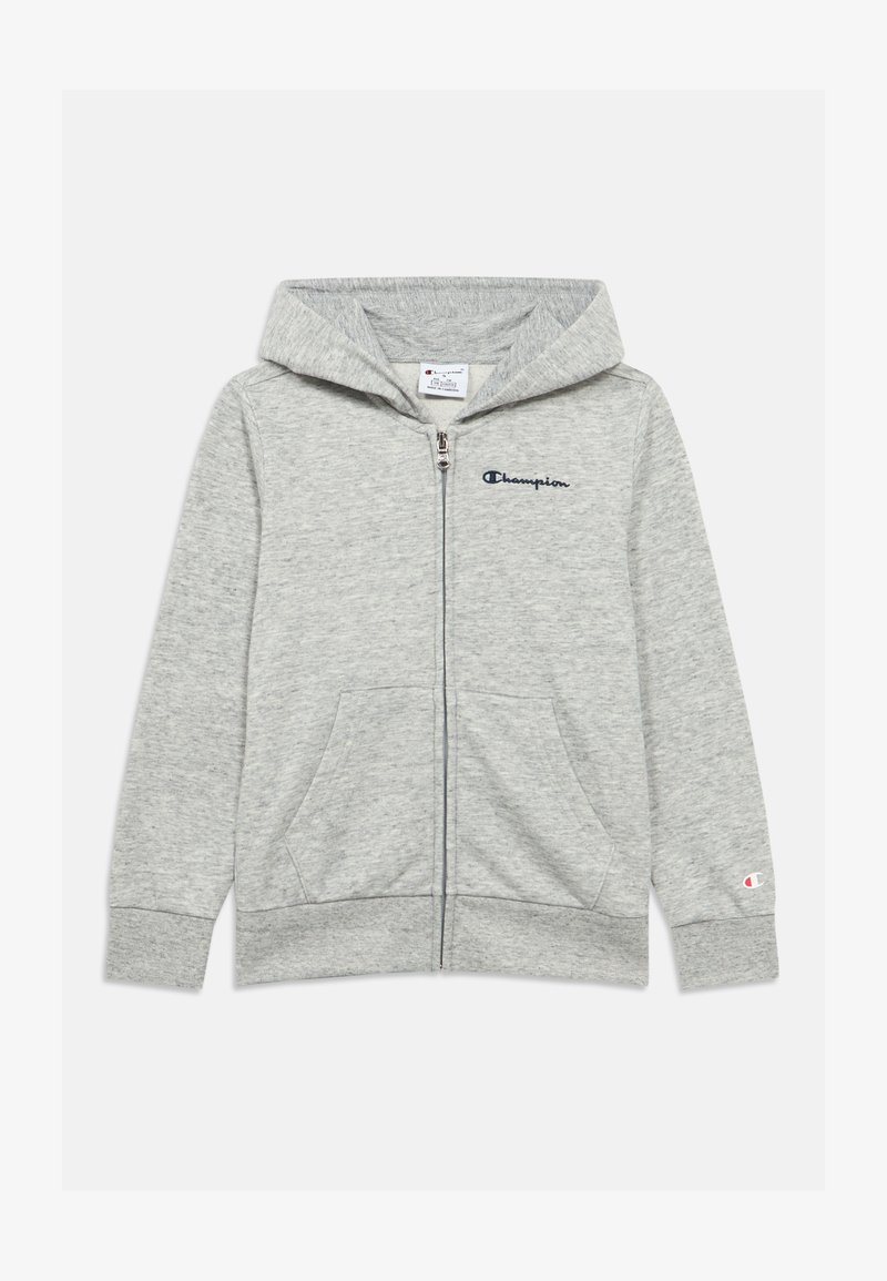Γκρι φούτερ με φερμουάρ, κατασκευασμένο από μαλακό ύφασμα, με μπροστινό φερμουάρ, δύο πλαϊνές τσέπες και κουκούλα. Κεντημένο λογότυπο "Champion" σε μπλε σκούρο χρώμα.