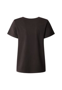 Απλή σκούρα καφέ T-shirt με κοντά μανίκια που φαίνεται από την πλάτη, με στρογγυλή λαιμόκοψη και απλή ραφή στα μανίκια και το στρίφωμα.