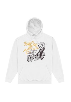 Biały polarowy hoodie z grafiką motocykla i postaci. Napis brzmi „Biker Betty Motorcycle Club” w kolorze żółtym i czarnym.