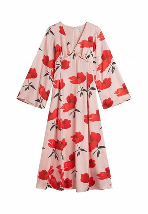 Vaaleanpunainen midi-mekko, jossa on pitkät kellohihat, V-aukko ja punainen kukkakuvio vihreillä lehdillä.