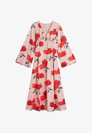 Vaaleanpunainen midi-mekko, jossa on pitkät kellohihat, V-aukko ja punainen kukkakuvio vihreillä lehdillä.