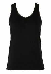Débardeur noir en tissu doux, avec un décolleté en V et des fronces au centre, ainsi que des coutures contrastantes le long des bords.