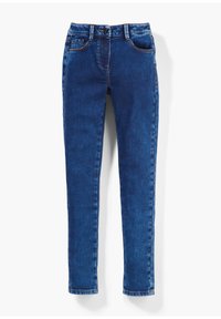 Sieviešu skinny fit džinsi tumši zila denima ar kabatām, pogu aizdari un kontrastējošām stitch detaļām gar šuvēm.
