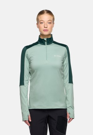 Lichtgroene lange mouwen top met hoge kraag, met donkergroene schouderaccenten en een halve rits. Gladde stoftextuur. VAUDE-logo.