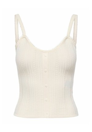 Kremowy dzianinowy top na cienkich ramiączkach, z guzikami w kształcie serca z przodu i delikatną koronkową lamówką na brzegach.