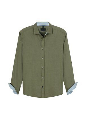 Olive green long-sleeve shirt with a button-down collar, featuring a light blue accent on the cuffs and textured fabric.