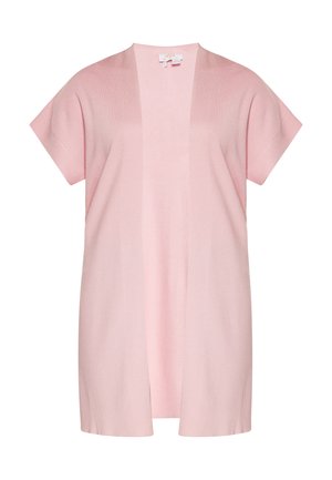 Jasnoróżowy kardigan zapinany z przodu, wykonany z miękkiego materiału. Krótkie rękawy, długość do kolan, żebrowana tekstura i brak zapięć.