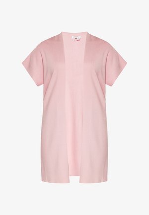 Světle růžový otevřený cardigan vyrobený z jemné tkaniny. Krátké rukávy, design po kolena, struktura s ribbováním a bez zapínání.