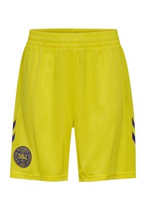 Żółte spodenki sportowe z elastycznym pasem, siateczkowego materiału, ciemnoniebieskimi paskami w kształcie litery V po bokach oraz z logo Duńskiego Związku Piłki Nożnej (DBU) na lewej nodze.