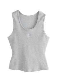 Világosszürke bordázott trikó, testhez simuló szabással, széles vállpántokkal, és egy apró, fehér "self" felirattal az elején.