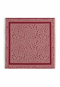 Rode sjaal met een lichtroze achtergrond en abstracte vormen, omrand door een donkerrood kader en afgewerkt met franjes.