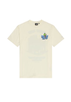 T-shirt in cotone color crema con maniche corte, caratterizzato da un design grafico sul petto con accenti blu e verdi e una vestibilità comoda.