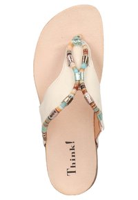 Beige Leder Flip-Flop Sandale mit mehrfarbigen Perlenakzenten. Flache Sohle mit einem strukturierten Fußbett, das das "Think!"-Branding trägt.