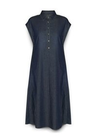 Abito camicia in denim blu scuro, con colletto a punta, maniche corte, chiusura frontale con bottoni e spacco laterale per maggiore libertà di movimento.