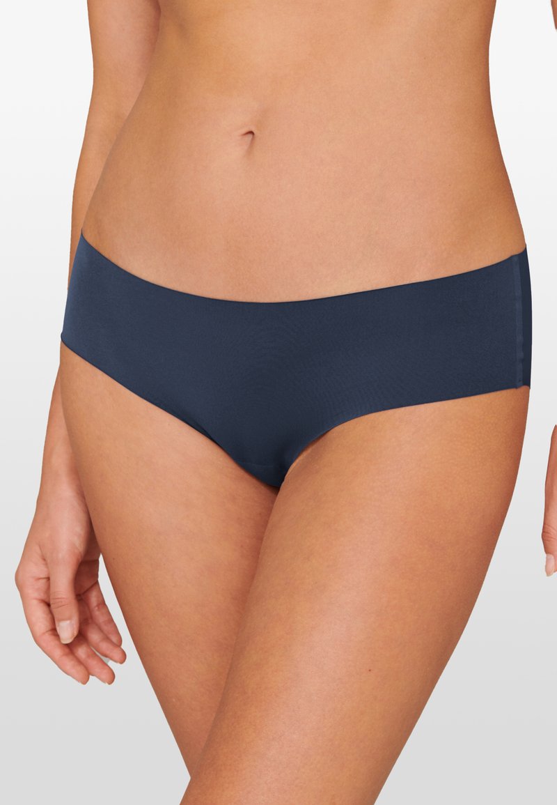 Navy blue hipster briefs made from smooth, stretch fabric with a seamless design and a low-rise waistband, offering minimal coverage.