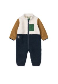 Fleece-Einheit in Creme, Braun und Marineblau. Mit einer grünen aufgesetzten Tasche, Reißverschluss und strukturiertem Stoff. Gemütliches Design für Wärme.