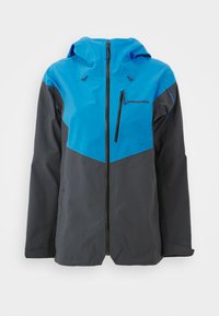 Giacca Patagonia in blu e grigio, con zip frontale, cappuccio regolabile e design a blocchi di colore a contrasto. Tessuto liscio e impermeabile.