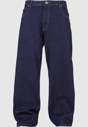 Donkerblauwe denim jeans met een relaxte pasvorm, voorzien van een knoopsluiting, vijf zakken en contrasterende stiksels langs de naden.