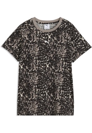 Kortærmet t-shirt med rund hals med sort og brun leopardprint og lille hvid Puma-logo på brystet.