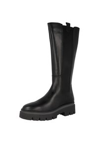 Stivale nero al ginocchio realizzato in pelle liscia con suola in gomma texturizzata. Dotato di un pannello elastico laterale e di un tassello per una facile indossabilità.