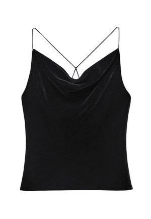 Black sleeveless top made of soft fabric, featuring a cowl neckline and thin adjustable straps with a unique crisscross design at the back.