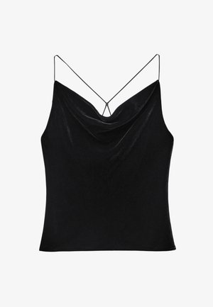 Black sleeveless top made of soft fabric, featuring a cowl neckline and thin adjustable straps with a unique crisscross design at the back.
