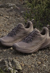 Braune Sportschuhe verfügen über ein strukturiertes Obermaterial, einen gepolsterten Schuhkragen und strapazierfähige Sohlen mit wasserfesten Gore-Tex-Details. Schnürdesign.