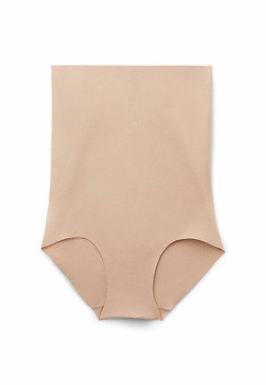 Naakt bodysuit met een hoge taille en beenopeningen, gemaakt van gladde stof. Heeft een naadloos ontwerp voor een gestroomlijnd uiterlijk.