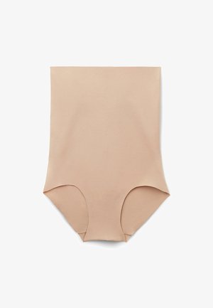 Nude bodysuit med hög midja och benöppningar, tillverkad av mjukt tyg. Har en sömlös design för en strömlinjeformad look.